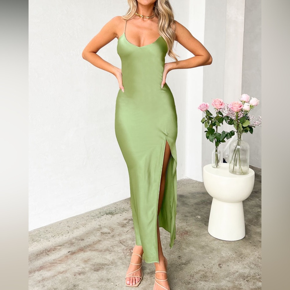 Beginning Boutique Green Maxi Slip Dress with Slit